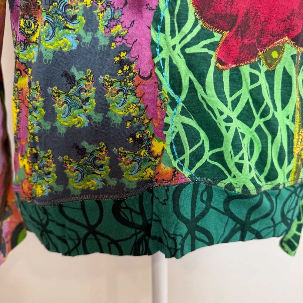 Desigual Patchwork Graphic Long Sleeve Top Green Multi Womens Medium Boho Shirt - Picture 5 of 13